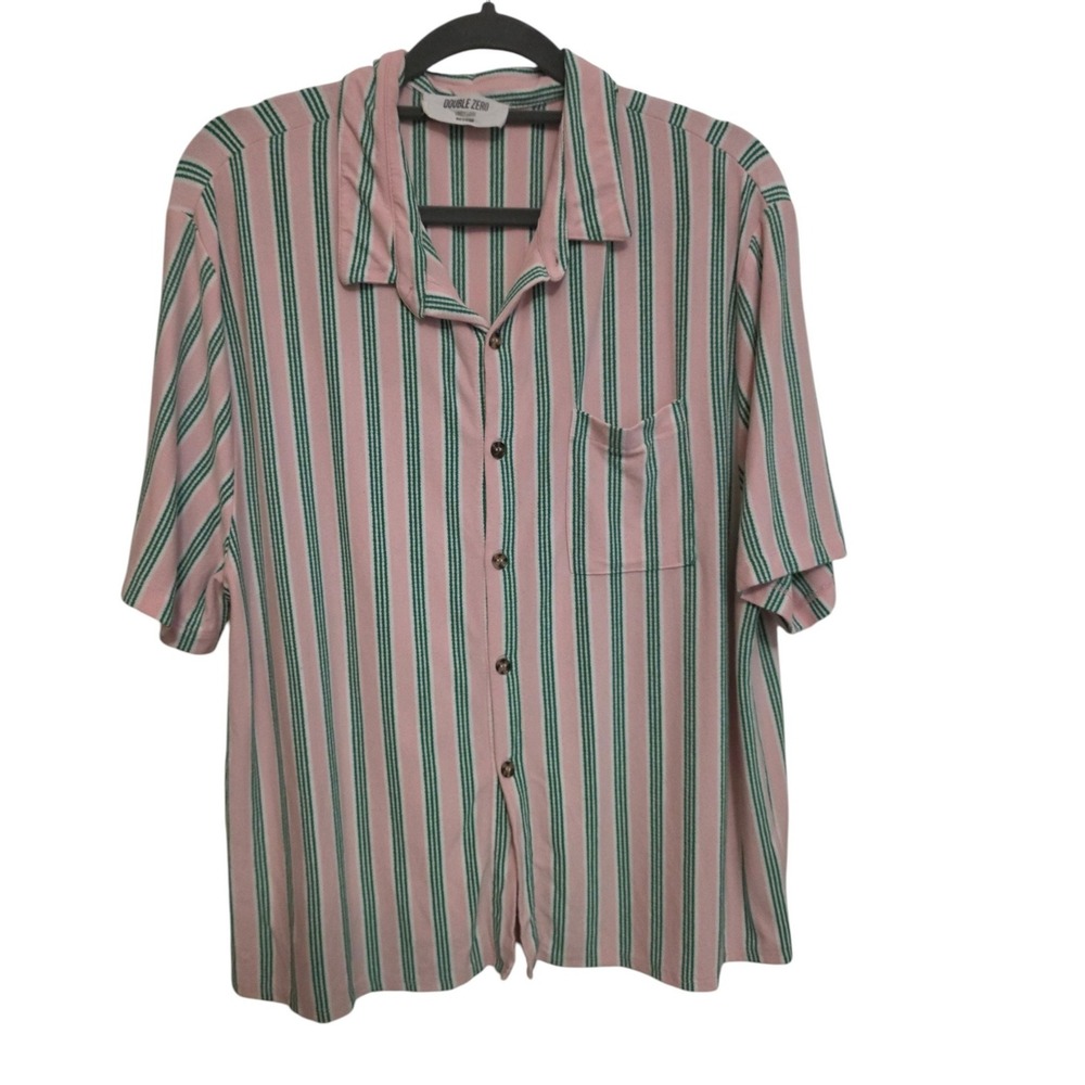 Y2K 90's Baby T Large Rayon Camp Shirt Pink Green Stripe Button Front Pocket Top